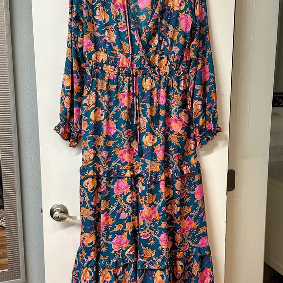 Boemo Anthropologie Long Sleeve Tiered Pink and Teal A Line Maxi Dress - Picture 2 of 8